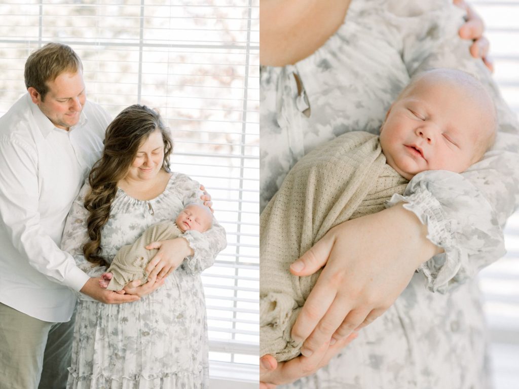 Newborn baby in moms arms by photographer Haven Hill Studios.  Client is wearing a watercolor baltic born dress. 