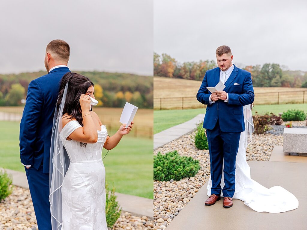 Romantic bride and groom first look at Red Oak Valley in Owensville Missouri
