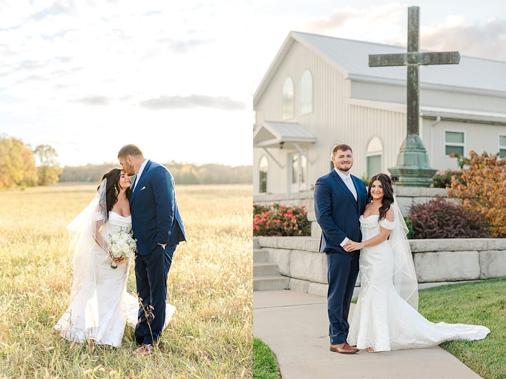 Romantic bride and groom portraits at Red Oak Valley in Owensville Missouri in front of chapel with cross at sunset

