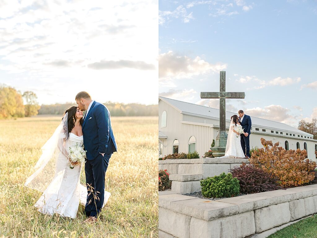 Romantic bride and groom portraits at Red Oak Valley in Owensville Missouri in front of chapel with cross at sunset
