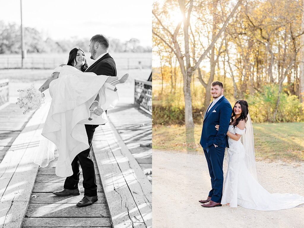 Romantic bride and groom portraits at Red Oak Valley in Owensville Missouri  on bridge
