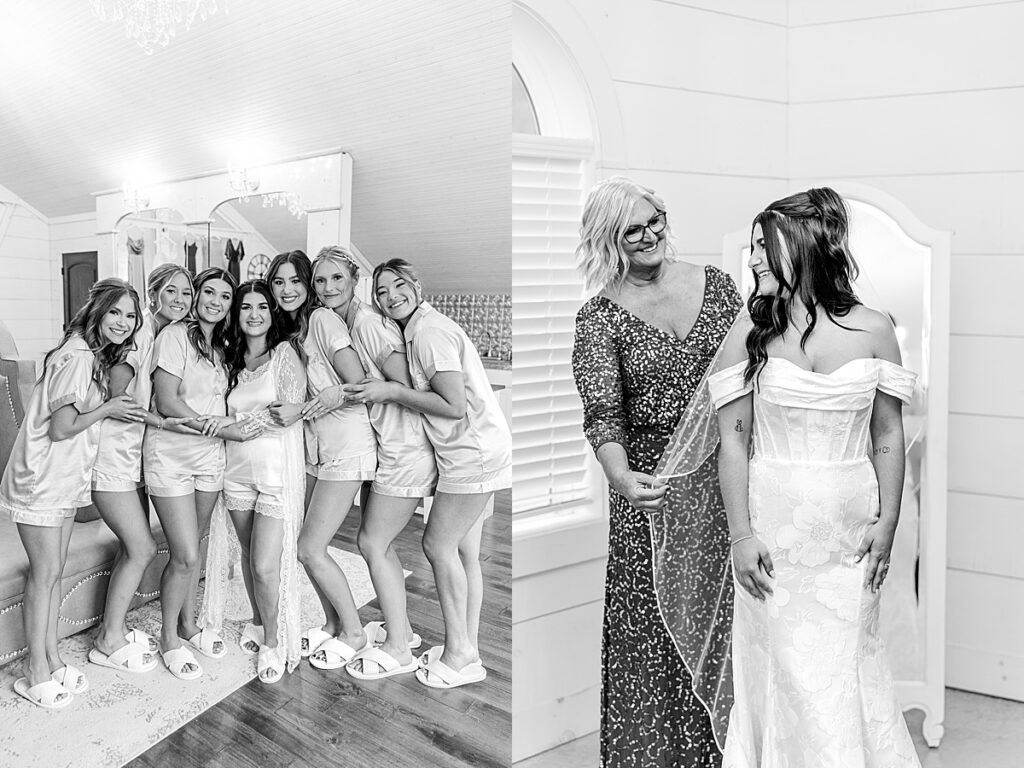 Natural light bridal portraits at Red Oak Valley wedding venue while bridesmaids wear robes and fluff the veil
